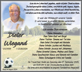 Traueranzeige von Dieter Wiegand von Südthüringer Presse