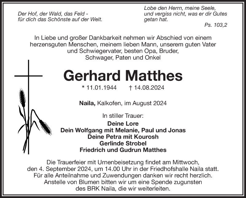  Traueranzeige für Gerhard Matthes vom 31.08.2024 aus Frankenpost