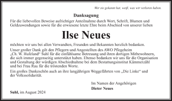 Traueranzeige von Ilse Neues von Südthüringer Presse