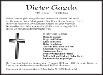 Traueranzeige von Dieter Gazda von Südthüringer Presse