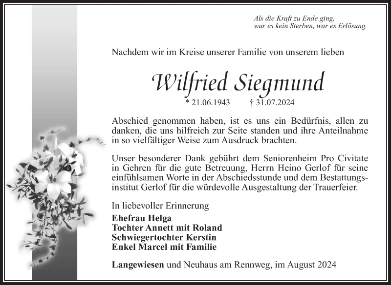  Traueranzeige für Willfried Siegmund vom 24.08.2024 aus Südthüringer Presse