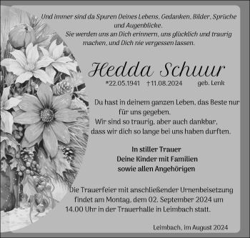 Traueranzeige von Hedda Schuur von Südthüringer Presse