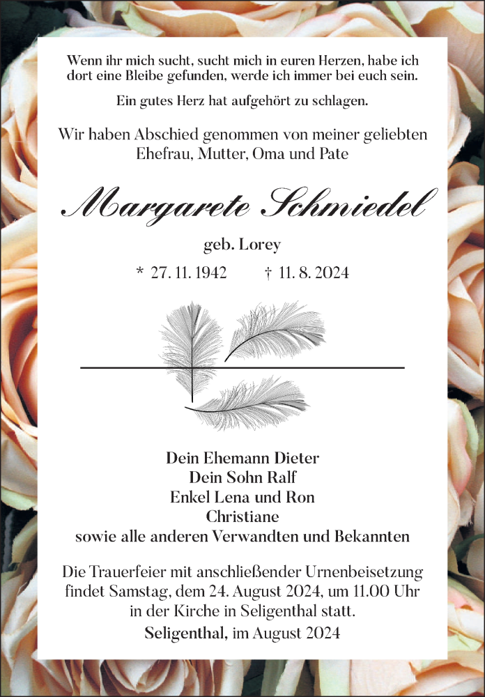  Traueranzeige für Margarete Schmiedel vom 17.08.2024 aus Südthüringer Presse
