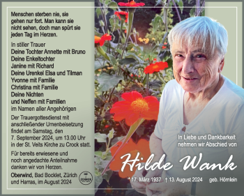 Traueranzeige von Hilde Wank von Südthüringer Presse