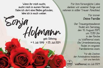 Traueranzeige von Sonja Hofmann von Südthüringer Presse