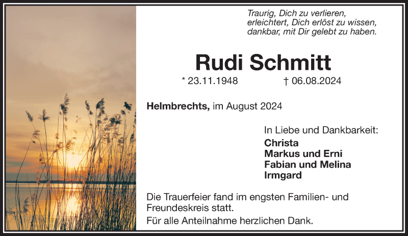  Traueranzeige für Rudi Schmitt vom 31.08.2024 aus Frankenpost