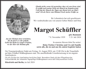 Traueranzeige von Margot Schüffler von Südthüringer Presse