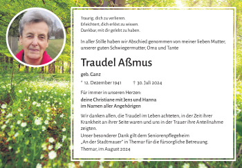 Traueranzeige von Traudel Aßmus von Südthüringer Presse