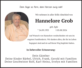 Traueranzeige von Hannelore Grob von Südthüringer Presse