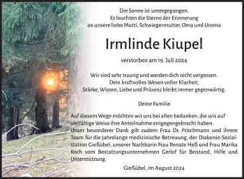 Traueranzeige von Irmlinde Kiupel von Südthüringer Presse