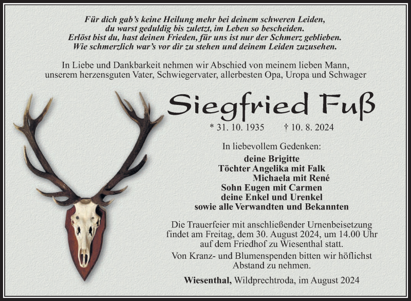 Traueranzeige für Siegfried Fuß vom 27.08.2024 aus Südthüringer Presse