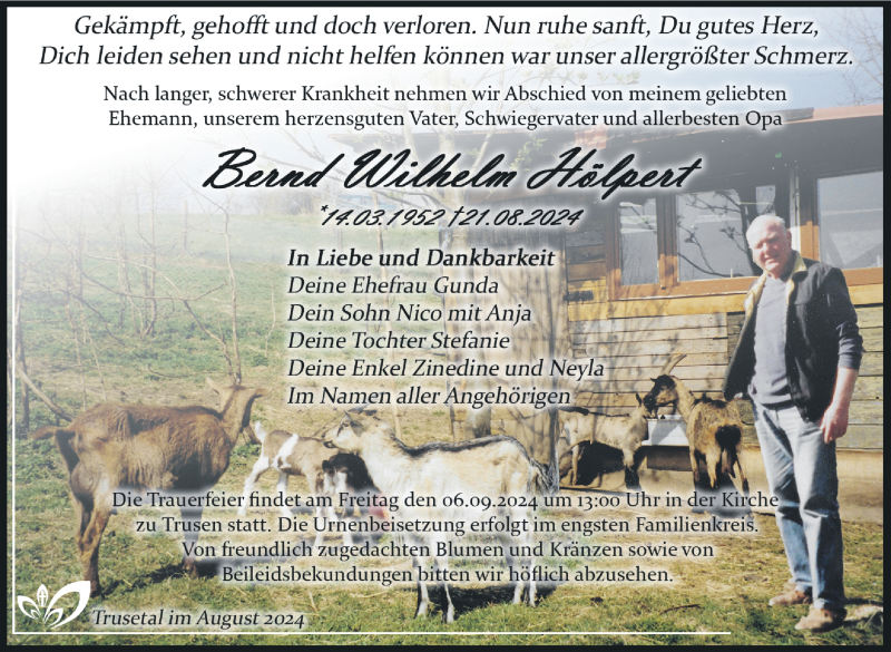  Traueranzeige für Bernd Wilhelm Hölpert vom 31.08.2024 aus Südthüringer Presse