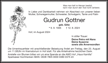 Traueranzeige von Gudrun Gottner von Frankenpost