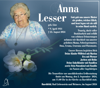 Traueranzeige von Anna Lesser von Südthüringer Presse