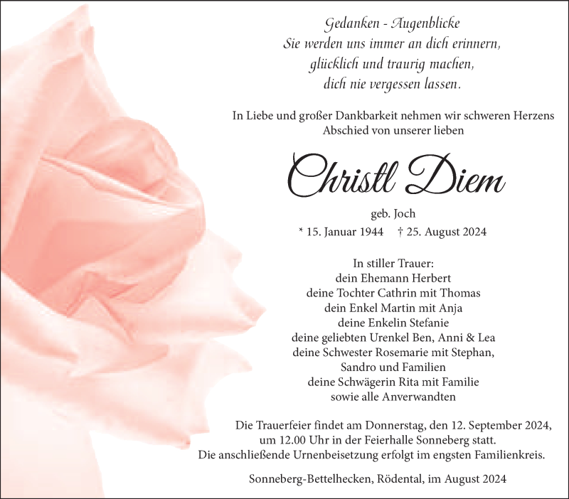  Traueranzeige für Christl Diem vom 31.08.2024 aus Südthüringer Presse