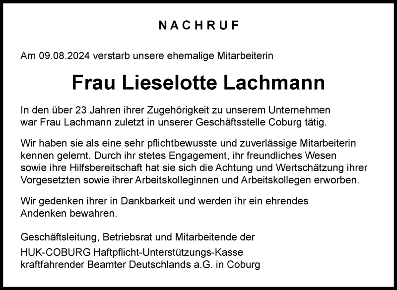  Traueranzeige für Lieselotte Lachmann vom 31.08.2024 aus Neue Presse Coburg