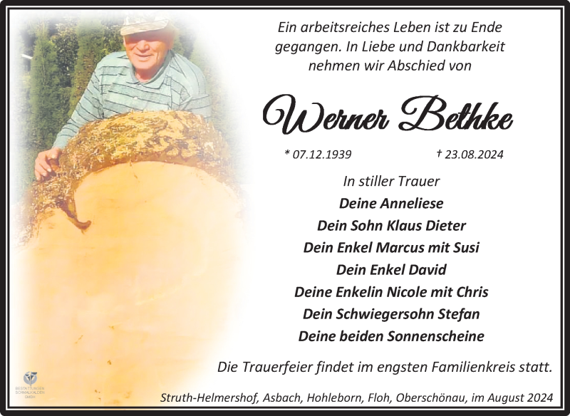  Traueranzeige für Werner Bethke vom 31.08.2024 aus Südthüringer Presse