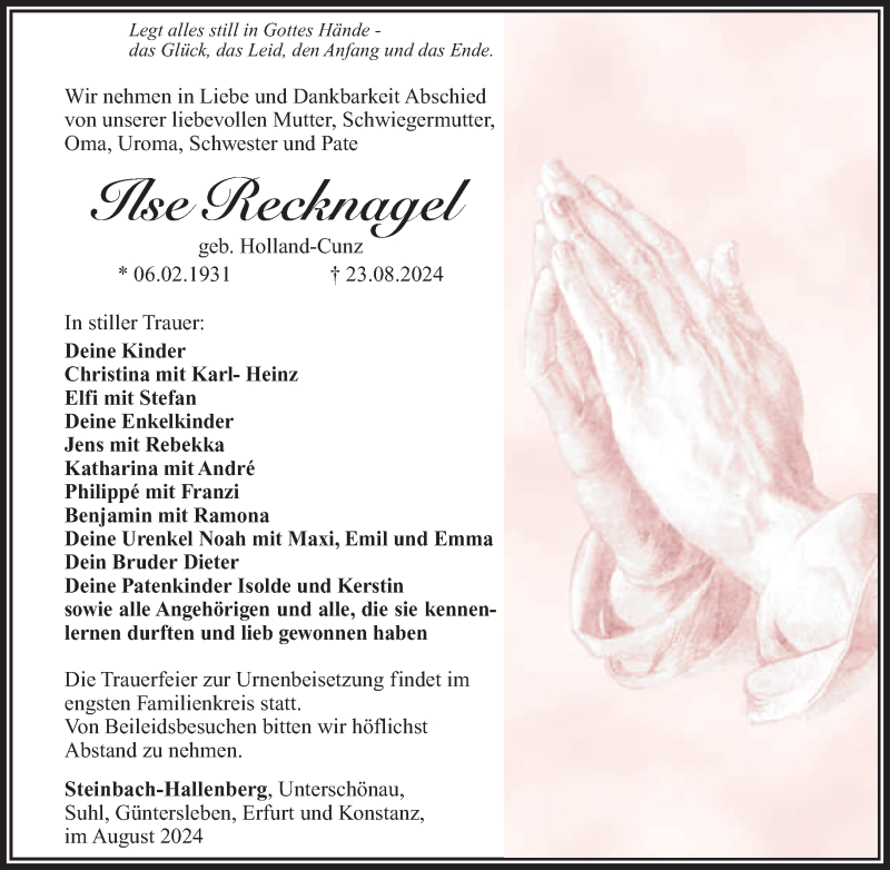 Traueranzeige für Ilse Recknagel vom 28.08.2024 aus Südthüringer Presse