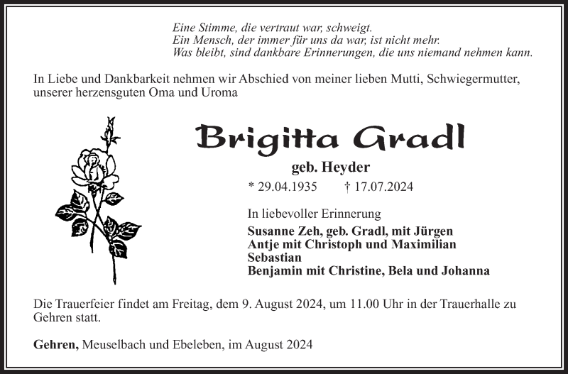  Traueranzeige für Brigitta Gradl vom 03.08.2024 aus Südthüringer Presse