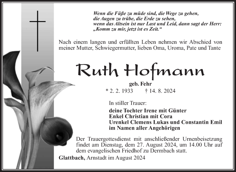  Traueranzeige für Ruth Hofmann vom 23.08.2024 aus Südthüringer Presse