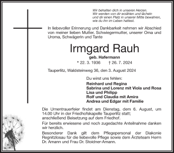 Traueranzeige von Irmgard Rauh von Frankenpost