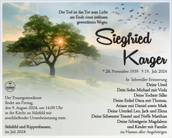 Traueranzeige von Siegfried Karger von Südthüringer Presse