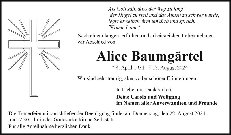  Traueranzeige für Alice Baumgärtel vom 20.08.2024 aus Frankenpost