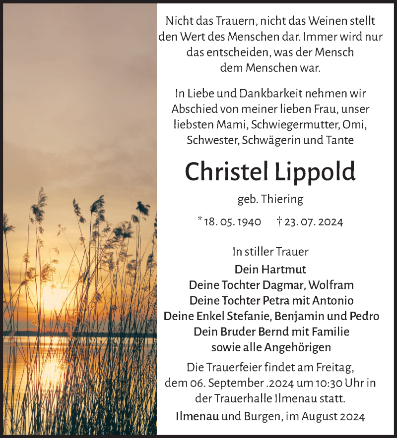  Traueranzeige für Christel Lippold vom 24.08.2024 aus Südthüringer Presse