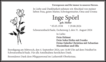 Traueranzeige von Inge Spörl von Frankenpost