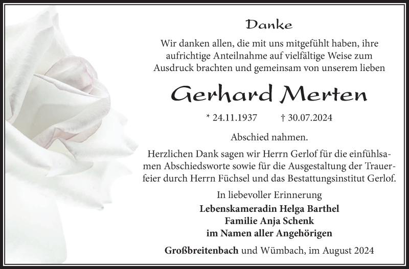 Traueranzeige für Gerhard Merten vom 24.08.2024 aus Südthüringer Presse
