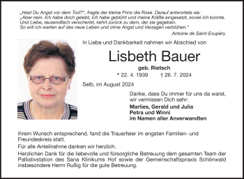 Traueranzeige von Lisbeth Bauer von Frankenpost