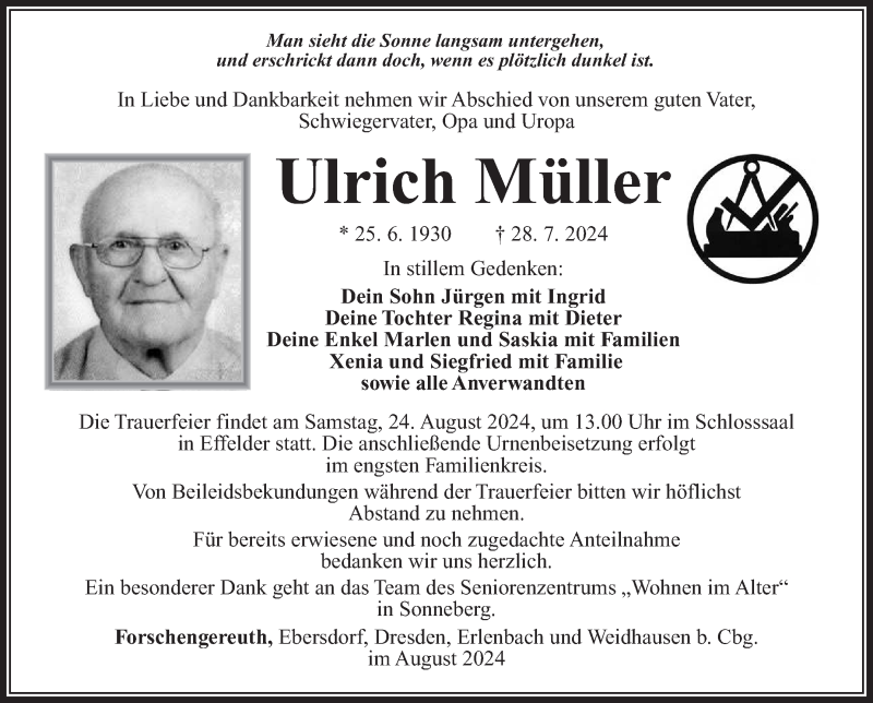  Traueranzeige für Ulrich Müller vom 17.08.2024 aus Südthüringer Presse
