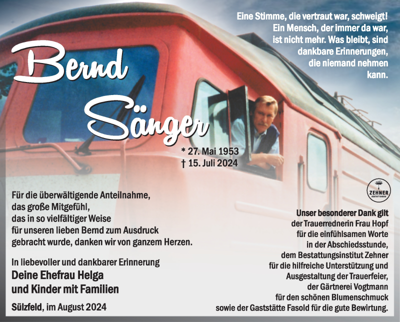  Traueranzeige für Bernd Sänger vom 16.08.2024 aus Südthüringer Presse