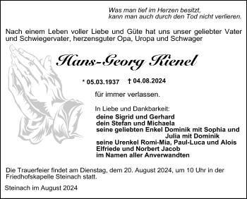 Traueranzeige von Hans-Georg Kienel von Südthüringer Presse