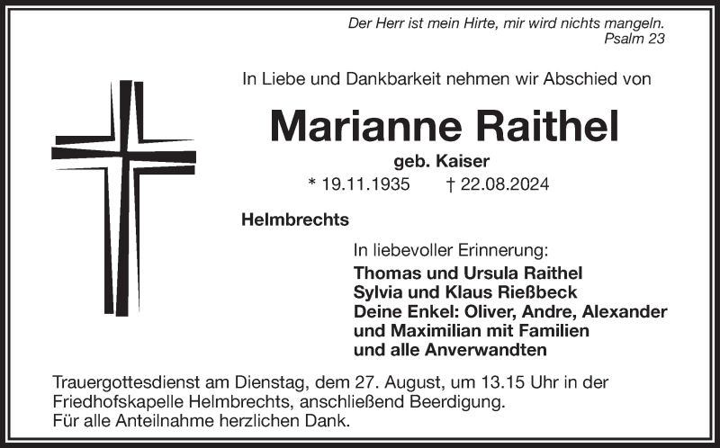  Traueranzeige für Marianne Raithel vom 24.08.2024 aus Frankenpost