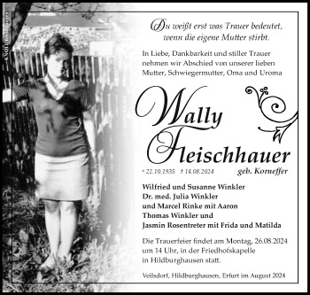 Traueranzeige von Wally Fleischhauer von Südthüringer Presse