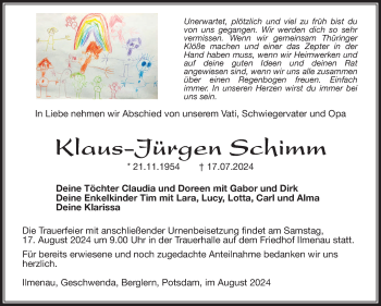 Traueranzeige von Klaus-Jürgen Schimm von Südthüringer Presse