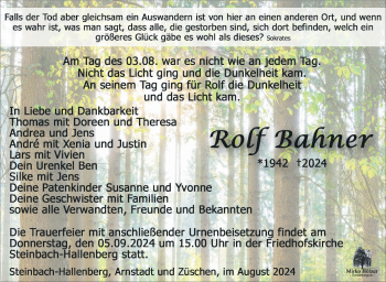 Traueranzeige von Rolf Bahner von Südthüringer Presse