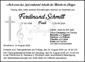 Traueranzeige von Ferdinand Schmitt von Neue Presse Coburg