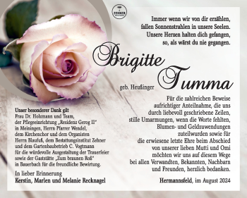 Traueranzeige von Brigitte Tumma von Südthüringer Presse