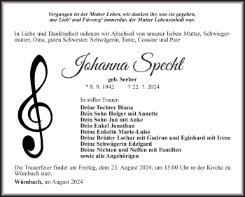 Traueranzeige von Johanna Specht von Südthüringer Presse