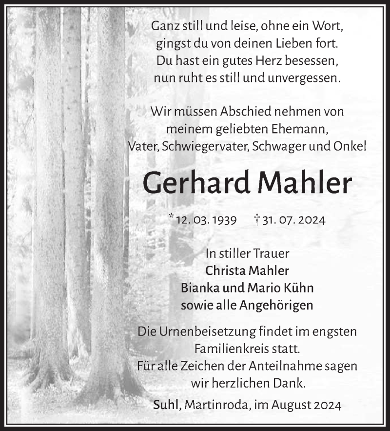  Traueranzeige für Gerhard Mahler vom 10.08.2024 aus Südthüringer Presse