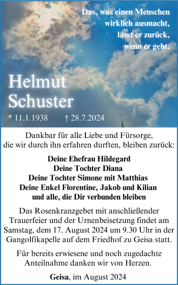 Traueranzeige von Helmut Schuster von Südthüringer Presse
