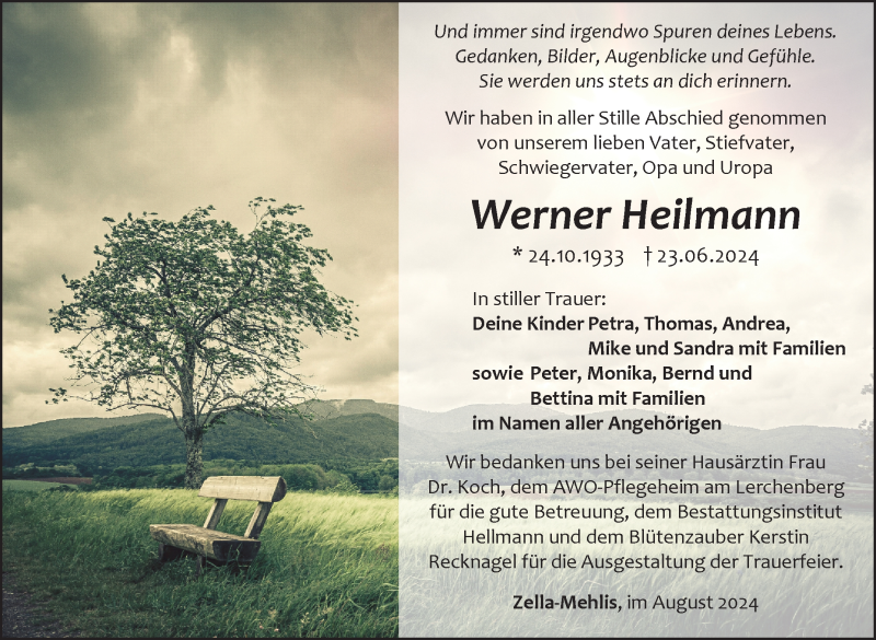  Traueranzeige für Werner Heilmann vom 03.08.2024 aus Südthüringer Presse