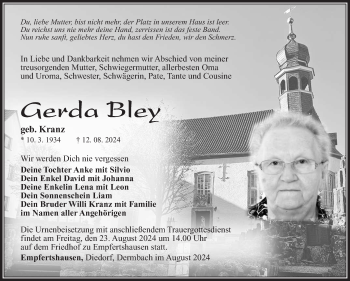 Traueranzeige von Gerda Bley von Südthüringer Presse