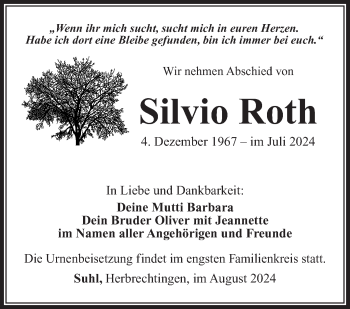 Traueranzeige von Silvio Roth von Südthüringer Presse