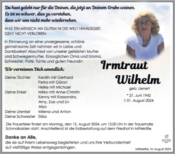 Traueranzeige von Irmtraud Wilhelm von Südthüringer Presse