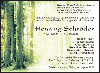 Traueranzeige von Henning Schröder von Südthüringer Presse