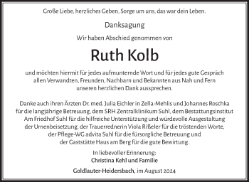 Traueranzeige von Ruth Kolb von Südthüringer Presse