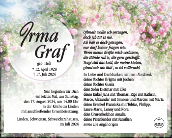 Traueranzeige von Irma Graf von Südthüringer Presse